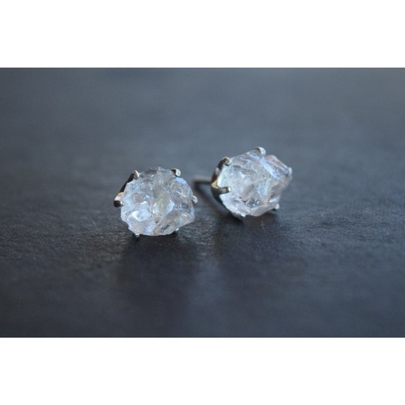 Sterling silver stud earrings, alternative diamond, uncut natural gemsto… - Picture 3 of 5